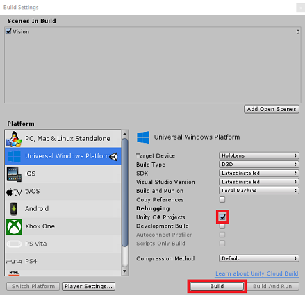 Unity 앱을 빌드하는 방법을 보여 주는 스크린샷