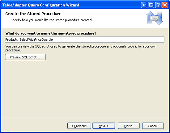 Geef de opgeslagen procedure een naam Products_SelectWithPriceQuartile