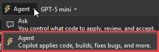 Schermopname van het modusmenu in het chatgebied in Visual Studio 2022.