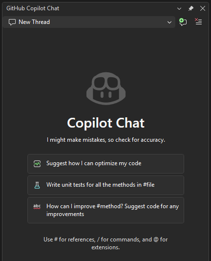 Schermopname van het GitHub Copilot Chat-venster in Visual Studio 2026.