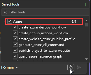 Schermopname van het dialoogvenster Hulpprogramma's selecteren waarop het Azure-knooppunt is ingeschakeld.