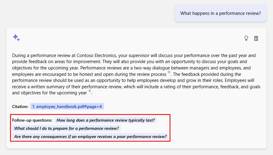 Schermopname die laat zien hoe de chat-app suggesties voor vervolgvragen biedt na het antwoord.