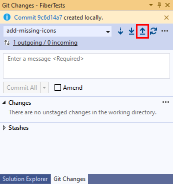 Schermopname van de omhoog-pijlknop in het venster 'Git Changes' van Visual Studio.
