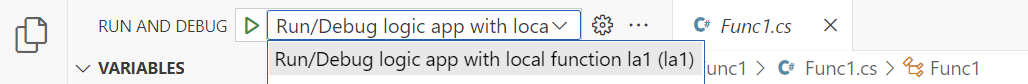 Schermopname toont de lijst Uitvoeren en Debuggen met de selectieoptie voor Uitvoeren/debuggen van de logische app met lokale functie.
