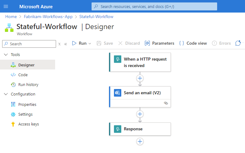 Schermopname van een logica-app die is geïmplementeerd met Visual Studio Code en de ontwerper met een reeds gemaakte werkstroom.