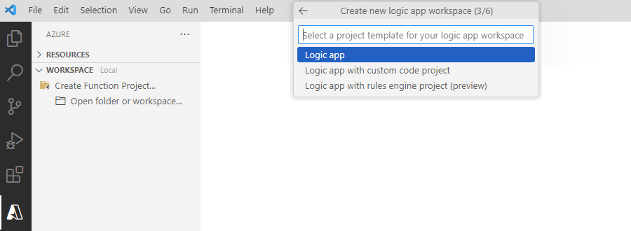 Schermopname met de prompt om een projectsjabloon te selecteren met de geselecteerde optie voor een logische app.