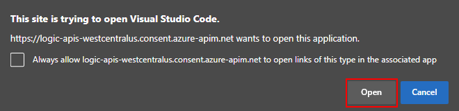 Schermopname met de prompt om de koppeling voor Visual Studio Code te openen.