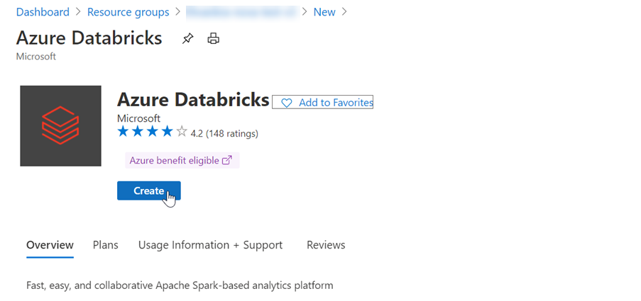 Schermopname van azure Databricks-aanbieding met Create geselecteerd.
