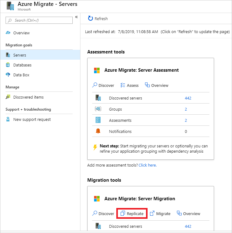 Schermopname van het scherm Azure Migrate - Servers met de knop Repliceren geselecteerd in Azure Migrate: Servermigratie onder Migratiehulpprogramma's.