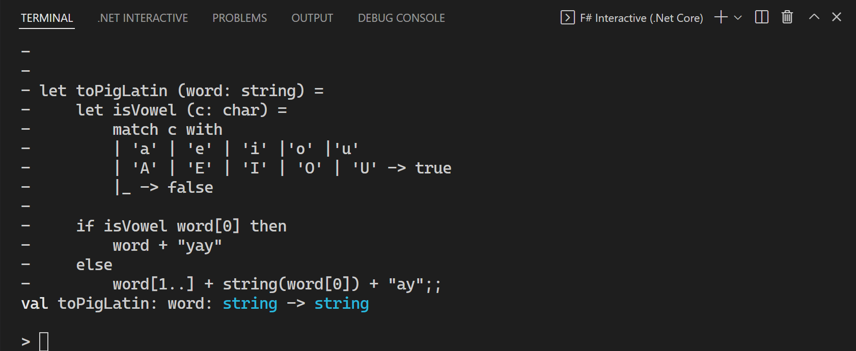 Voorbeeld van interactieve F#-uitvoer met Ionide-