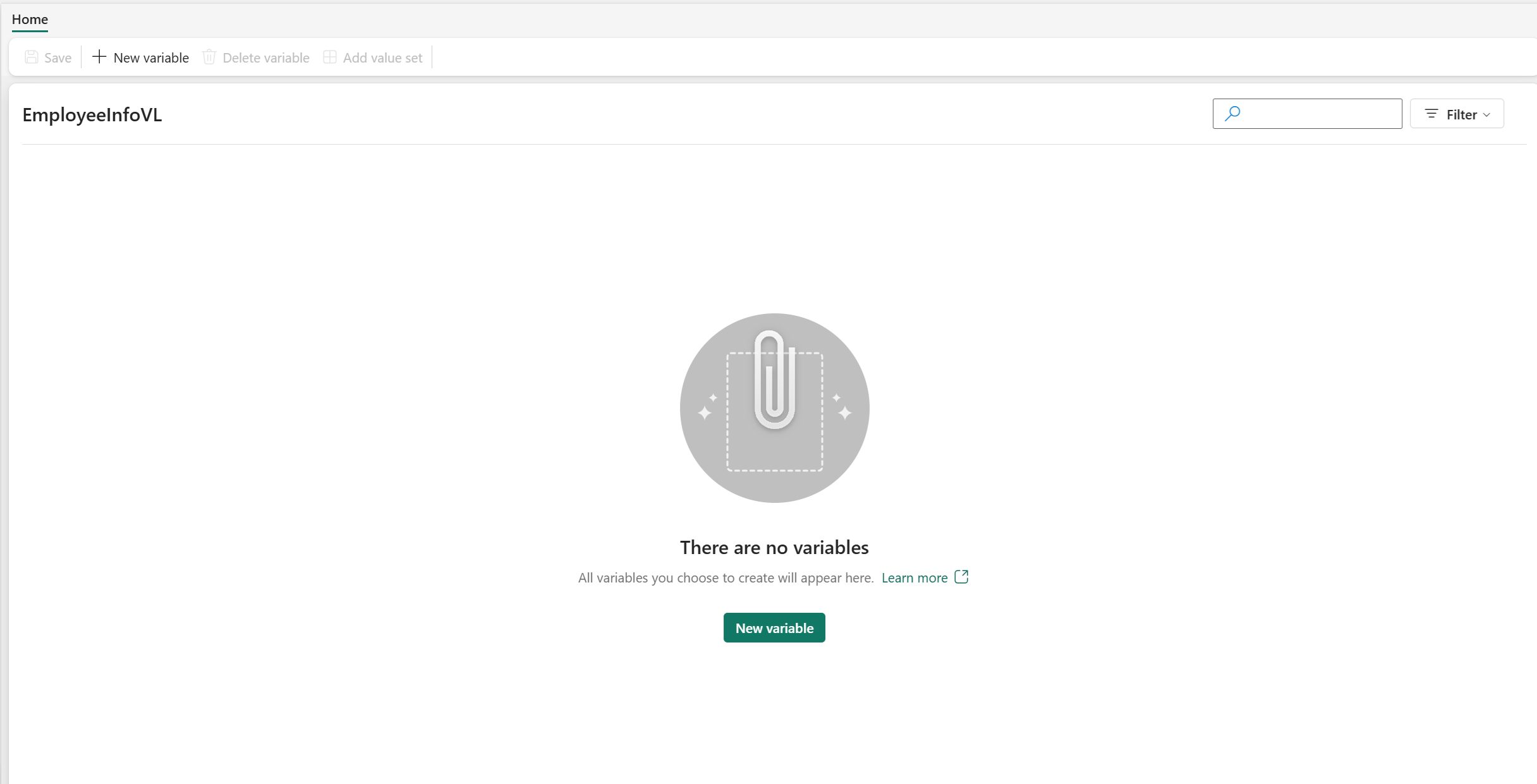 Schermopname van een lege variabelebibliotheek met een knop voor een nieuwe variabele.