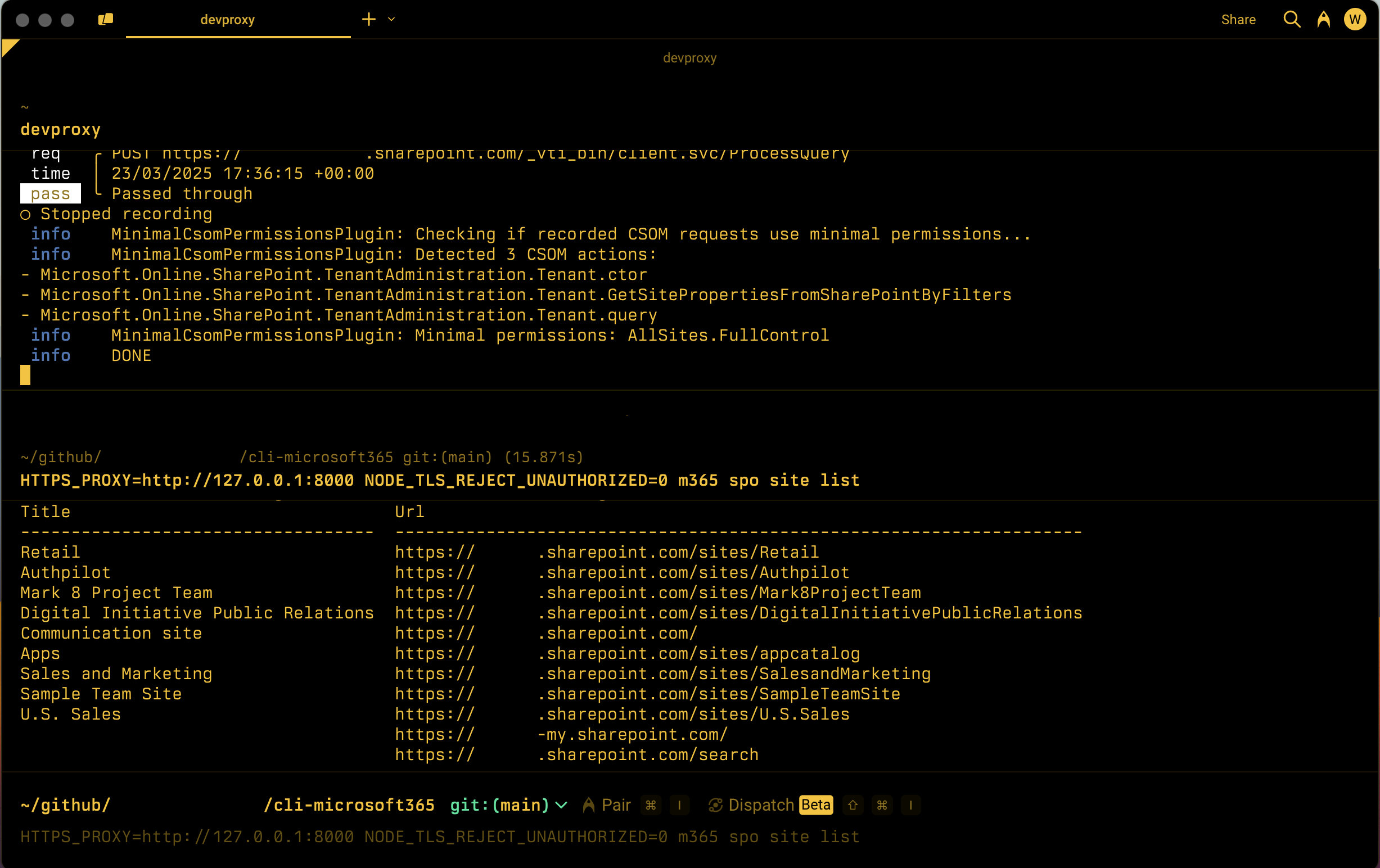 Schermopname van een opdrachtregel met een lijst met minimale machtigingen voor het aanroepen van de opgenomen set SharePoint CSOM-API's.