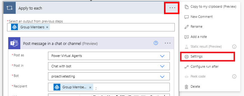 Screenshot van het selecteren van instellingen.