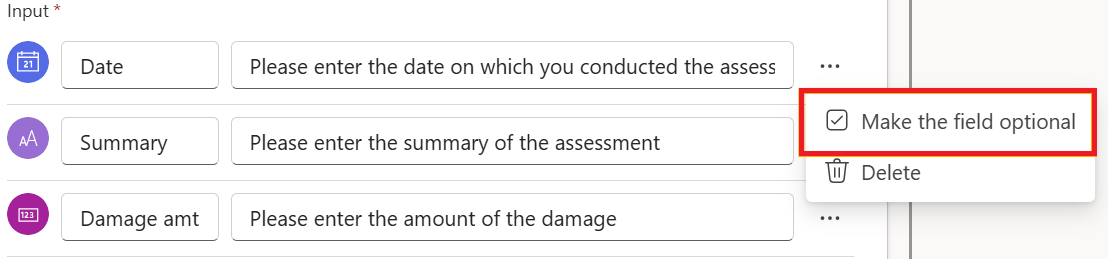 Schermopname van het optioneel maken van invoer in Copilot Studio.