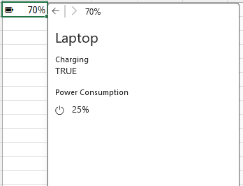 Cell value in Excel showing battery charge at 70%, and the data type card showing the nested laptop entity with charging and power consumption property values.