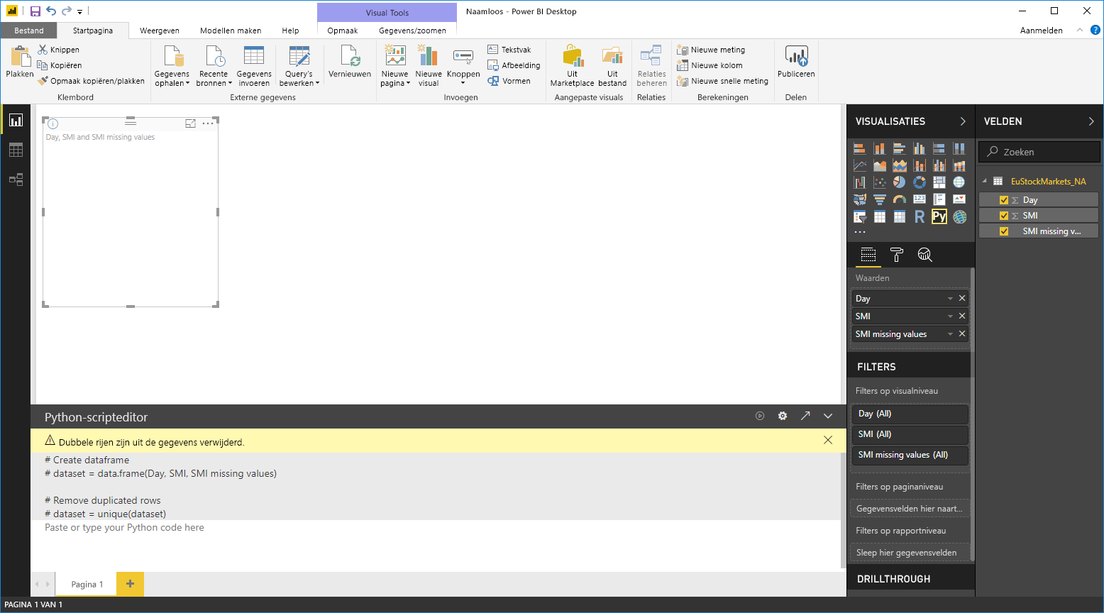 Screenshot of the Visualizations pane, showing a blank Python visual with script codes in the script editor.