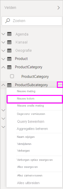 Schermopname van Nieuwe Kolom in het dropdownmenu.