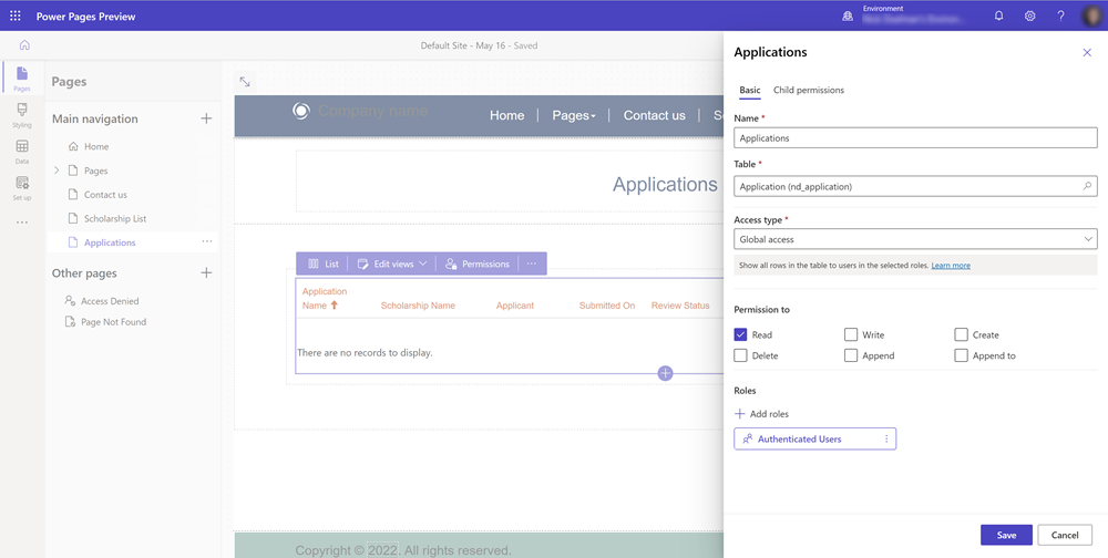 Schermafbeelding van het aanmaken van een tabelmachtiging voor een tabel met contactopzoekfunctie.
