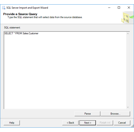 Source query page of the Import and Export Wizard Source query page of the Import and Export Wizard