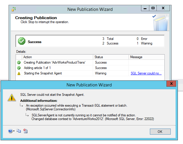 Waarschuwing dat de momentopnameagent niet kan worden gestart