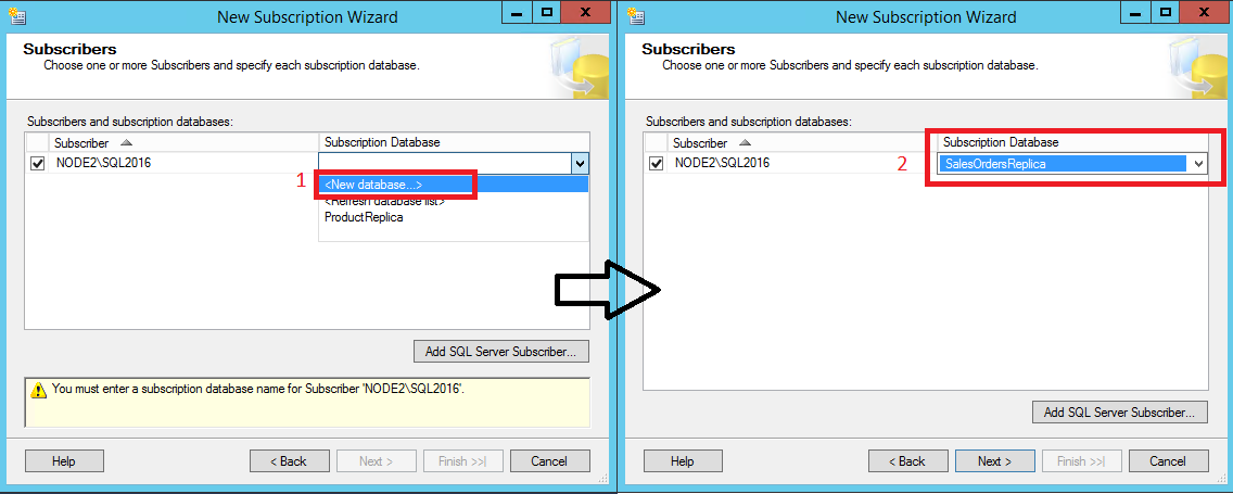 Selecties voor het toevoegen van een database aan de abonnee