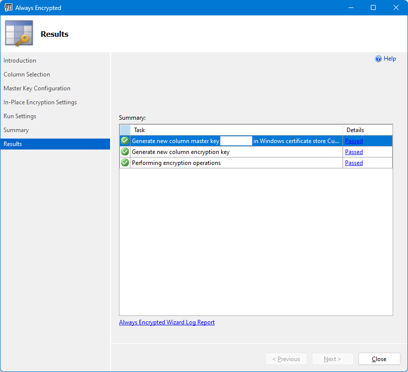 Schermopname van de Always Encrypted wizard samenvattingspagina.