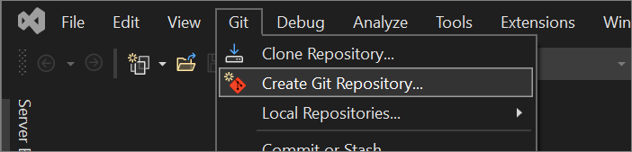 Schermopname van de optie Git-opslagplaats maken in het Git-menu in Visual Studio.