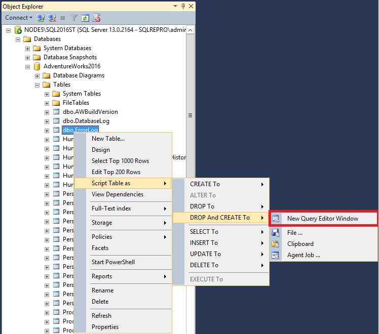 Schermopname van scripttabel.