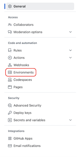 Schermopname van een menu Instellingen onder Algemeen met secties voor toegang, code en automatisering, beveiliging en integraties. De optie Omgevingen is gemarkeerd.