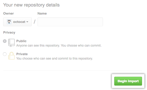 Schermopname van de knop Begin importeren voor een nieuwe opslagplaatsimport.