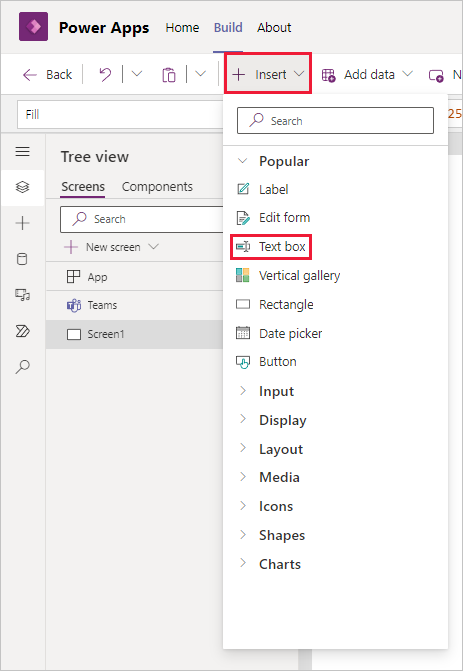 Screenshot of the ribbon showing the + Insert button and the insert popup with Text box highlighted.