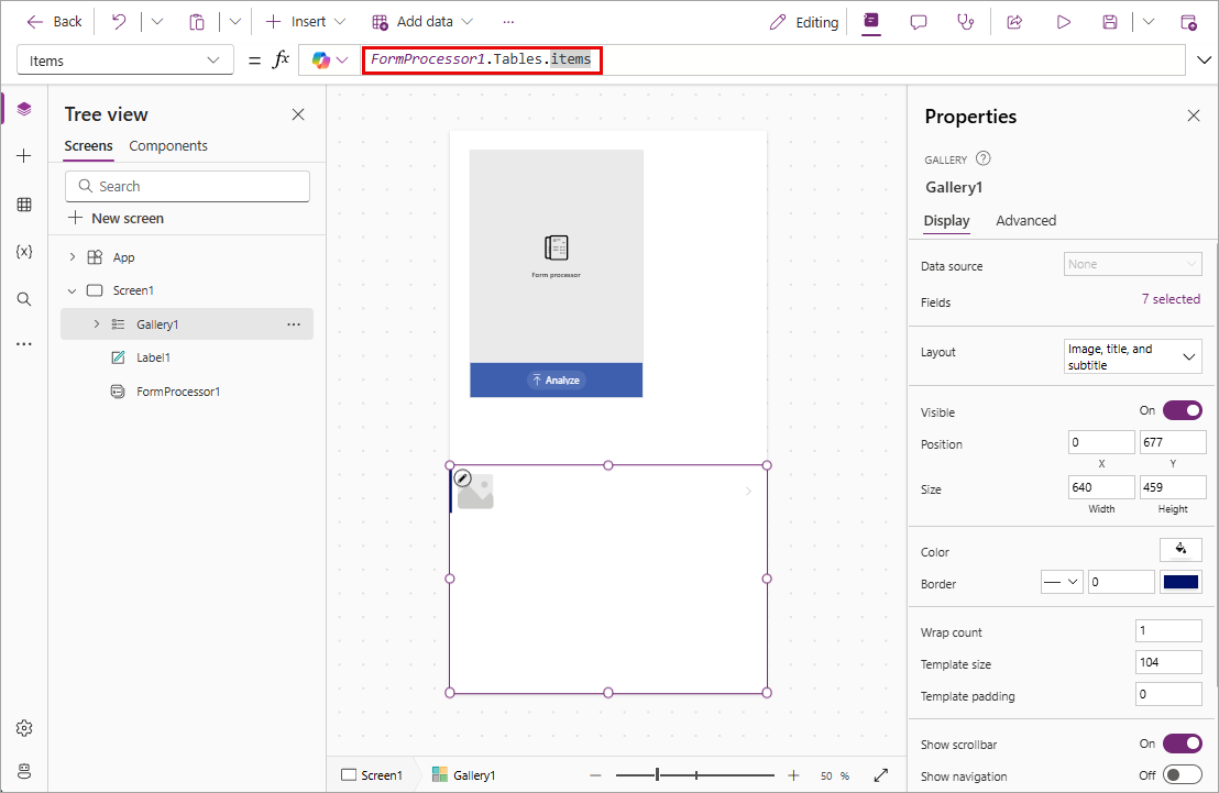 Screenshot of the gallery and the formprocessor1.Tables.items.