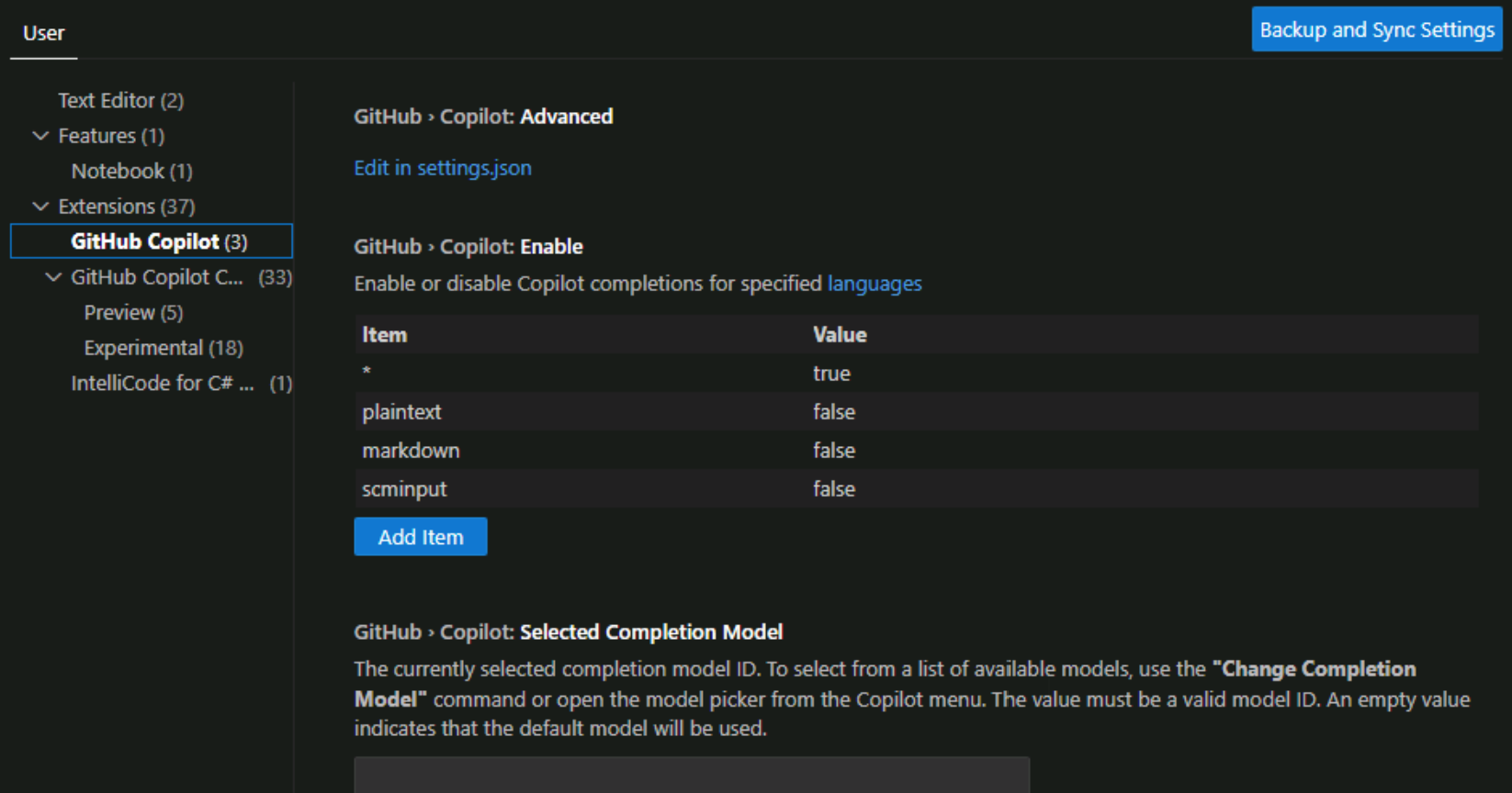 Schermopname van de gitHub Copilot-extensie-instellingen.