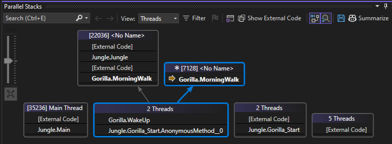 Schermopname van de weergave Threads na tweede F5.