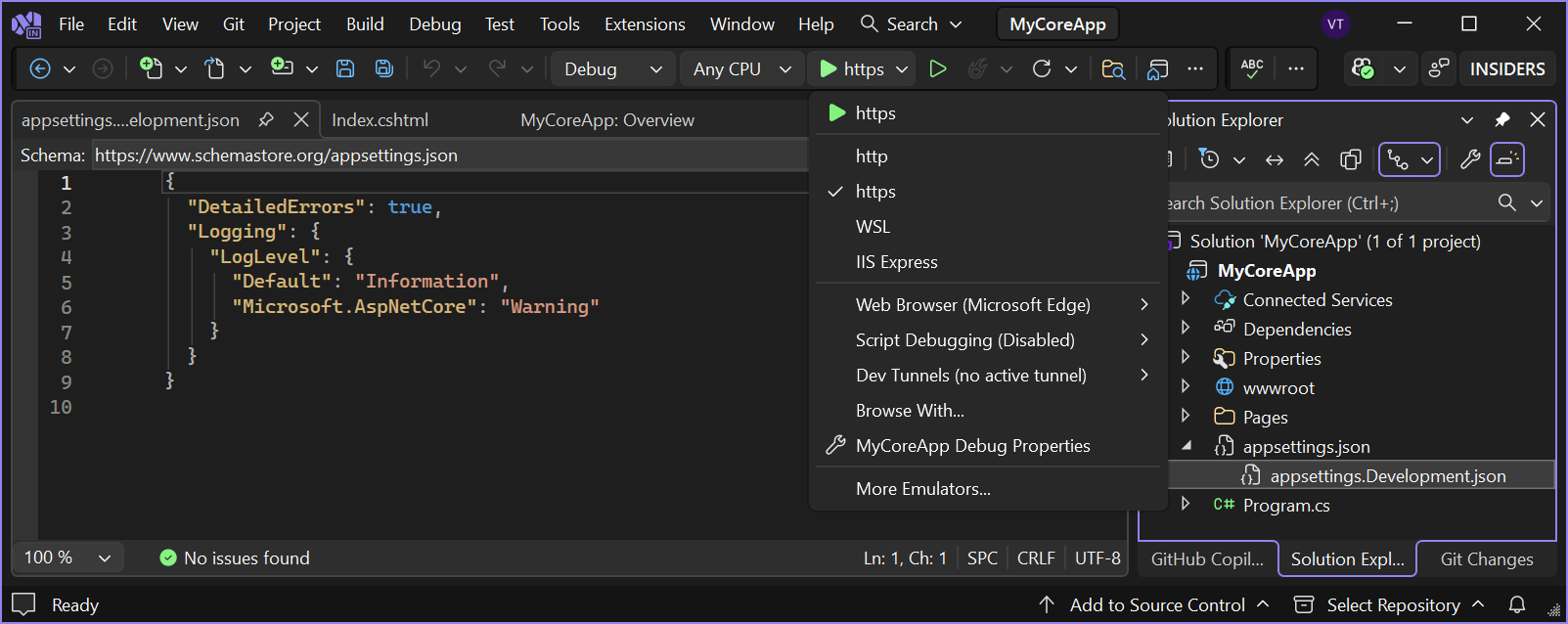 Schermopname toont de https-knop gemarkeerd op de werkbalk in Visual Studio.