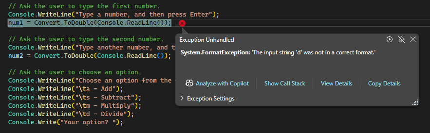 Schermopname van een niet-verwerkte indelingsfout in de Visual Studio Code-editor.