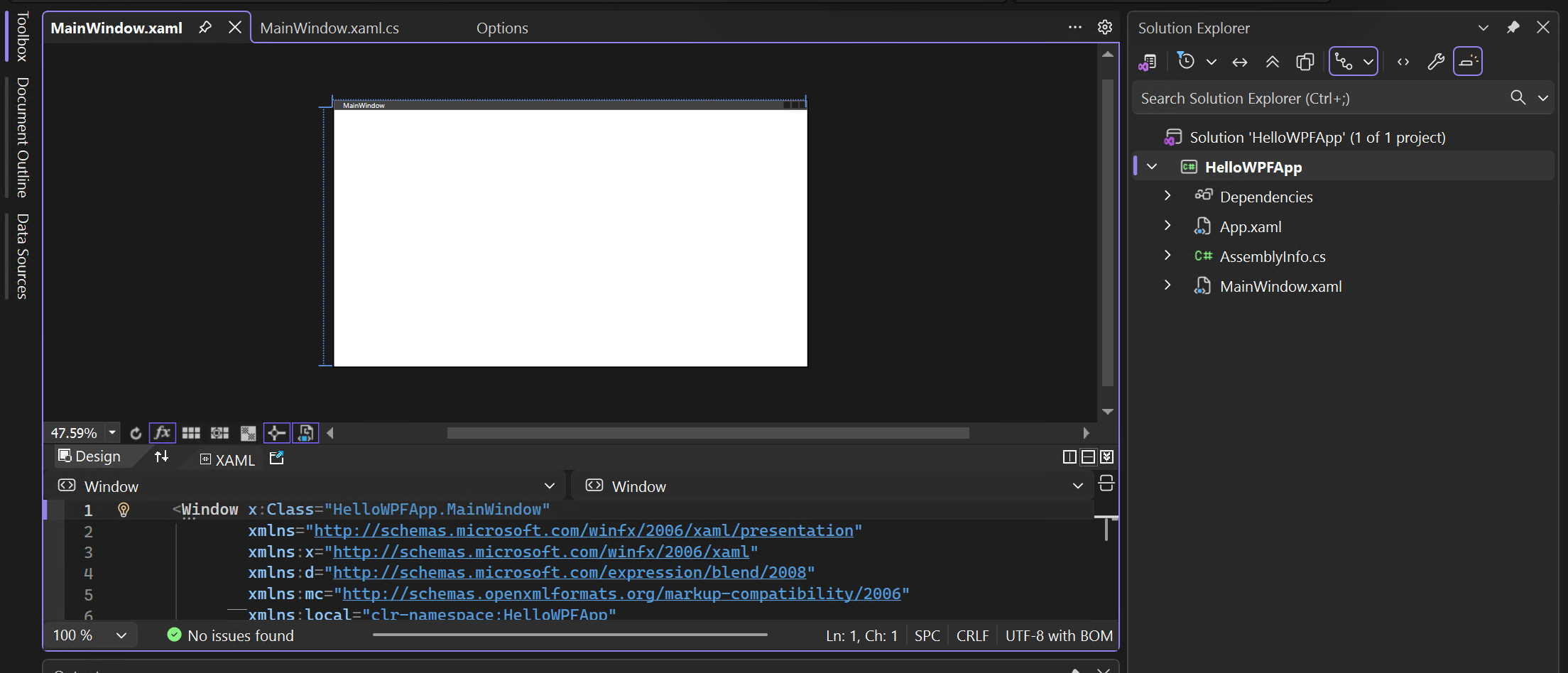 Schermopname van het project en de oplossing in Solution Explorer, en de XAML- en ontwerpweergaven van MainWindow.xaml zijn geopend.