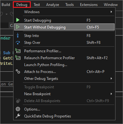 Schermopname met de menuopdracht Foutopsporing > Starten zonder foutopsporing.