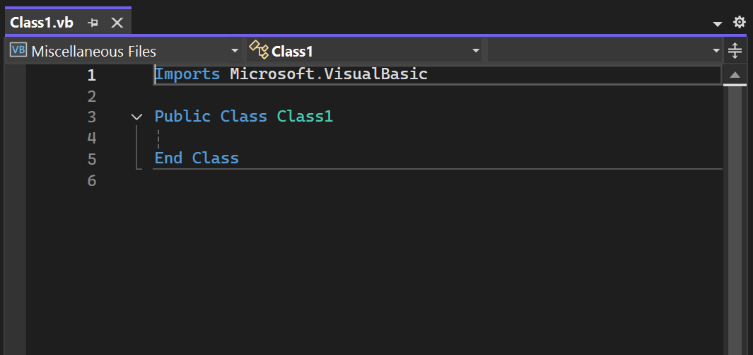 schermopname van een nieuw Visual Basic-klassebestand in de Visual Studio-code-editor.