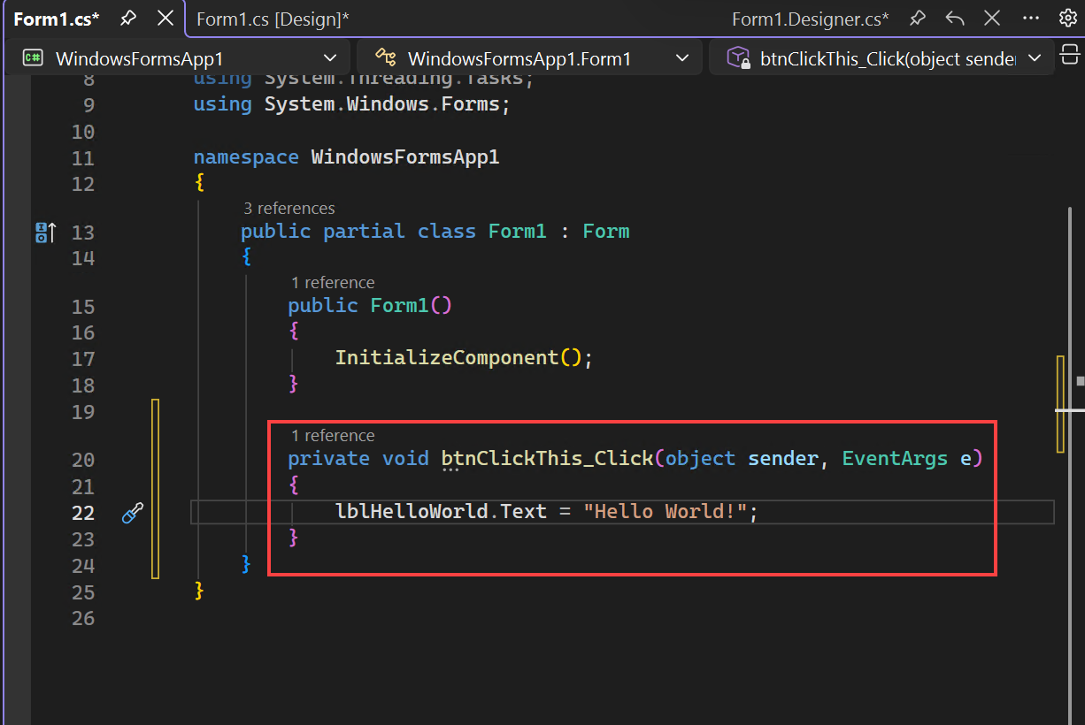 Schermopname die laat zien waar code aan het formulier moet worden toegevoegd.