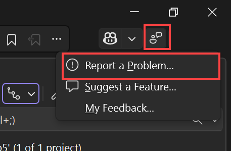 Schermopname met het feedbackpictogram dat is geselecteerd in de rechterbovenhoek van het Visual Studio-venster en een probleem melden dat is geselecteerd in het contextmenu.
