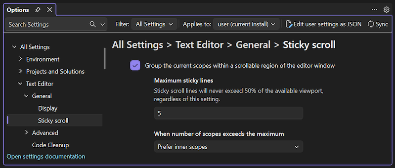 Schermopname van de interne en externe scoperingsopties voor Sticky Scroll.