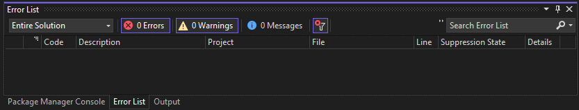 Schermopname van de lijst met fouten in Visual Studio.