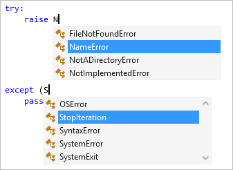 Schermopname met uitzonderingsvoltooiing in de Visual Studio-editor.