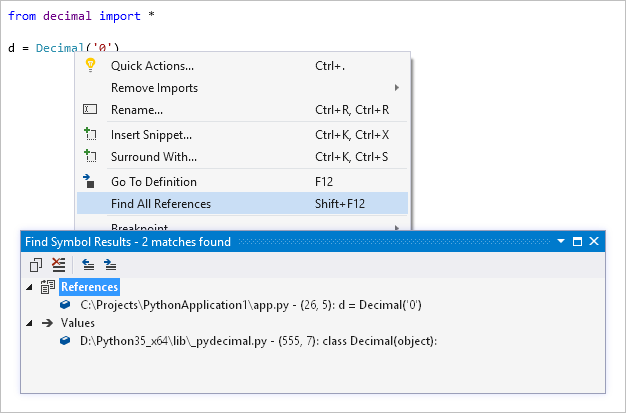 Schermopname die de resultaten van Alle Verwijzingen Zoeken in Visual Studio toont.