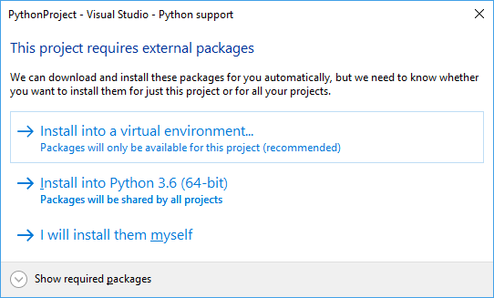 Schermopname van het dialoogvenster voor het installeren van pakketten voor een projectsjabloon in Visual Studio.