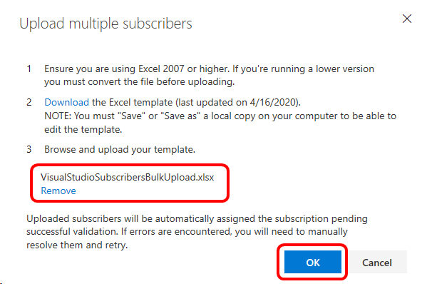 Upload de Excel-sjabloon om meerdere abonnees te uploaden