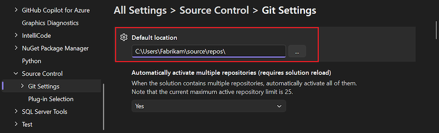 Schermopname van de optie Standaardlocatie in het deelvenster Opties.