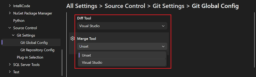Schermopname van de opties 'Diff Tool' en 'Merge Tool' met de koppeling Visual Studio gebruiken gemarkeerd.