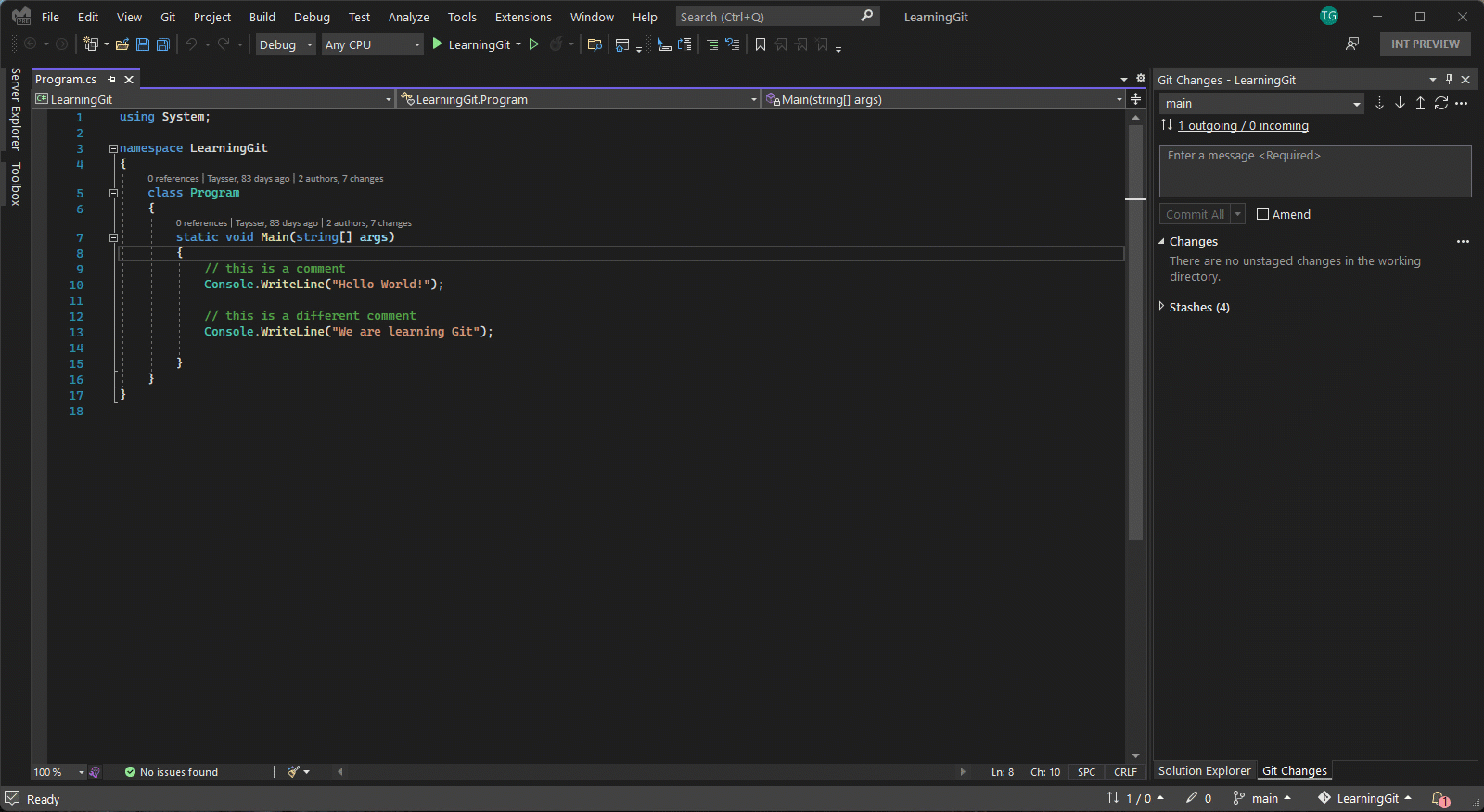 Animatie die de invoerpunten voor het afrekenen van commits laat zien.